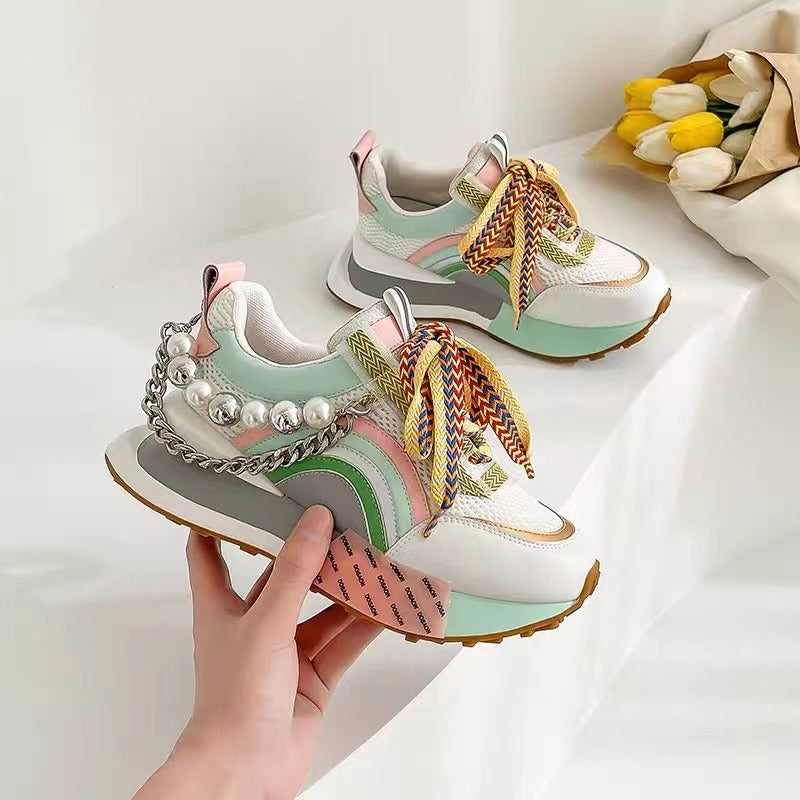 Sneakers Women Leather Lace Up Rainbow Colors Platform Shoes Pearls Ch