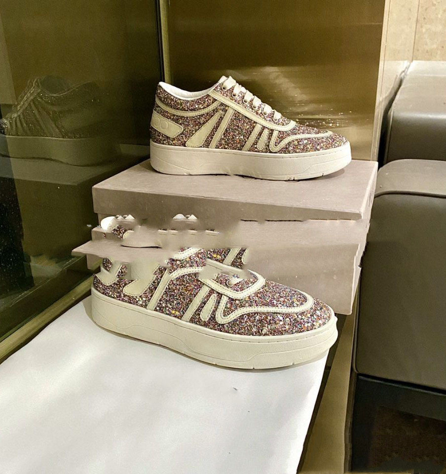 Shoes Pearl Sequin Lace-up Sports Casual Platform Casual White Style D