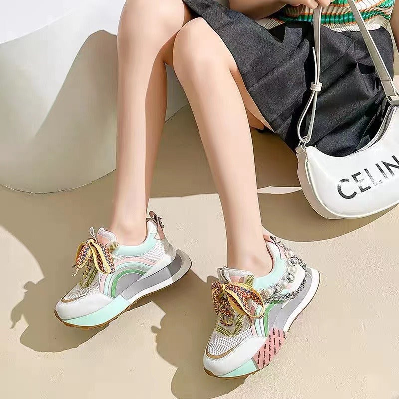 Sneakers Women Leather Lace Up Rainbow Colors Platform Shoes Pearls Ch