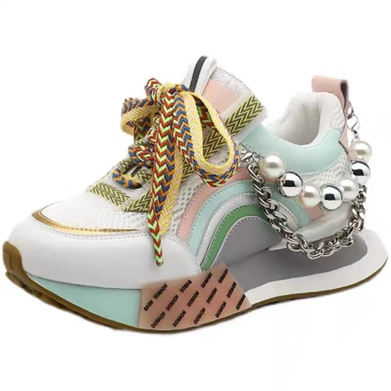 Sneakers Women Leather Lace Up Rainbow Colors Platform Shoes Pearls Ch