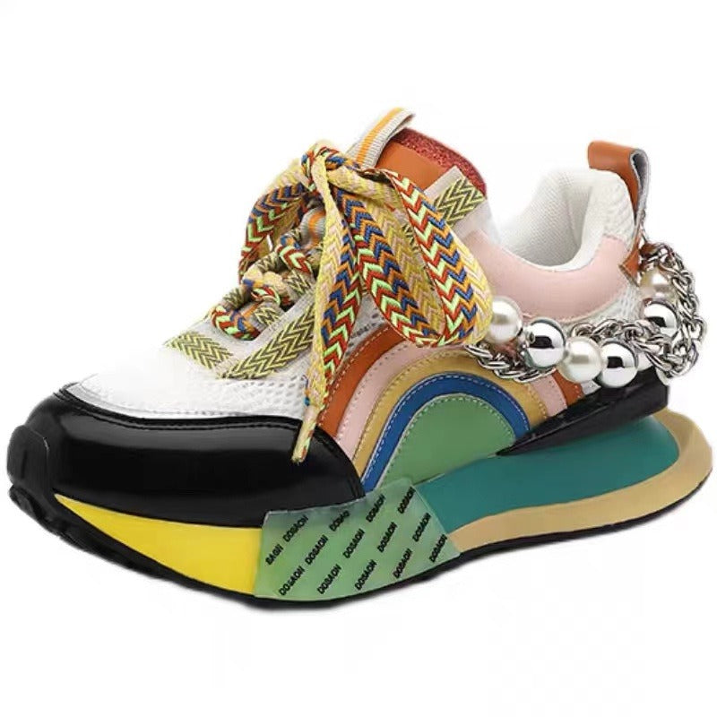 Sneakers Women Leather Lace Up Rainbow Colors Platform Shoes Pearls Ch