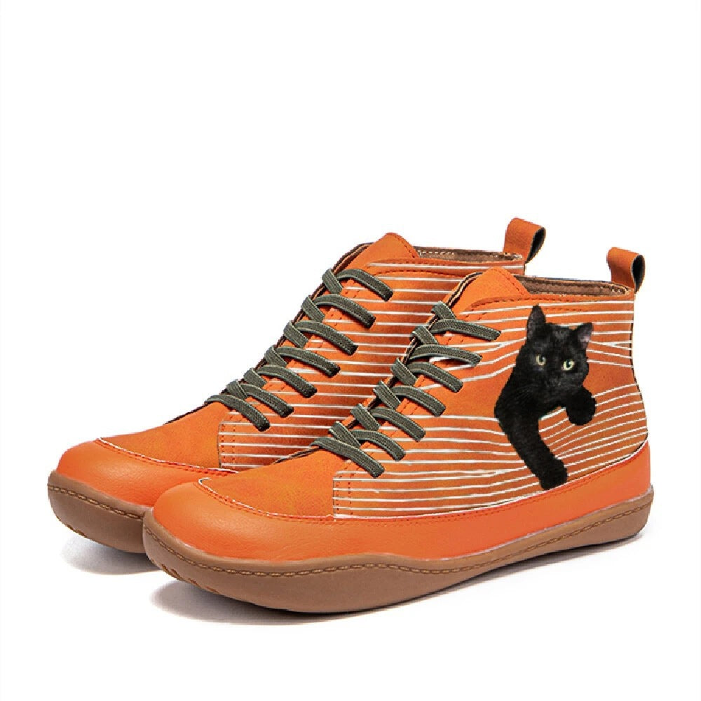 Boots Cat Print Round Toe Ankle Lace Up Casual Flat Shoes Autumn And