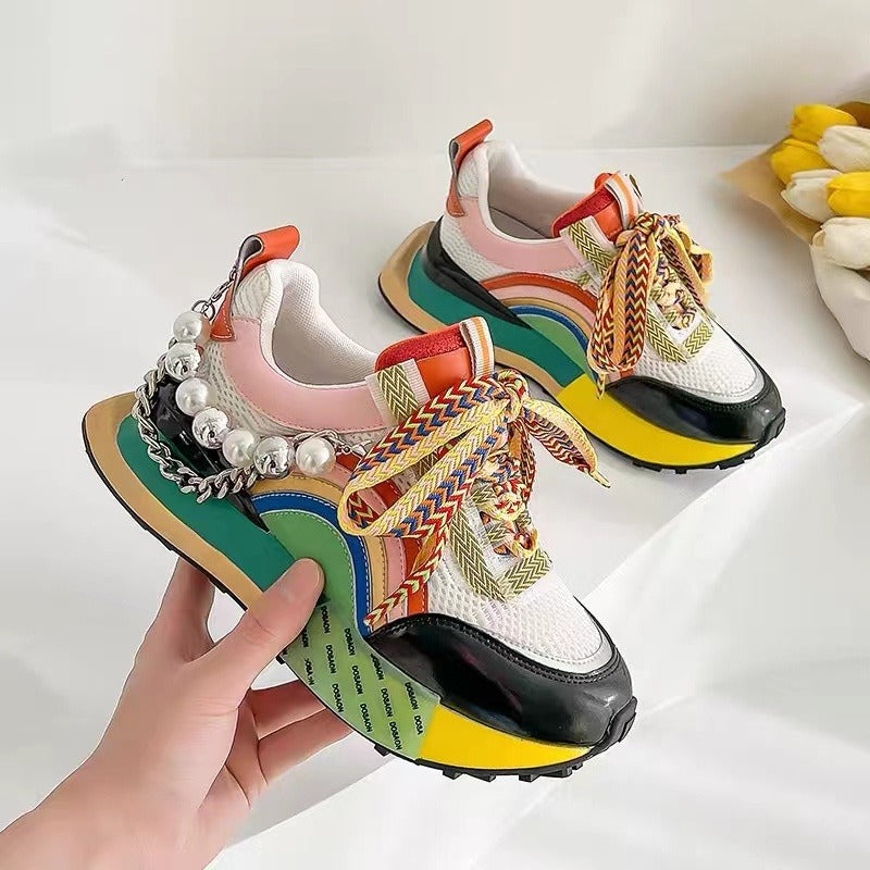 Sneakers Women Leather Lace Up Rainbow Colors Platform Shoes Pearls Ch