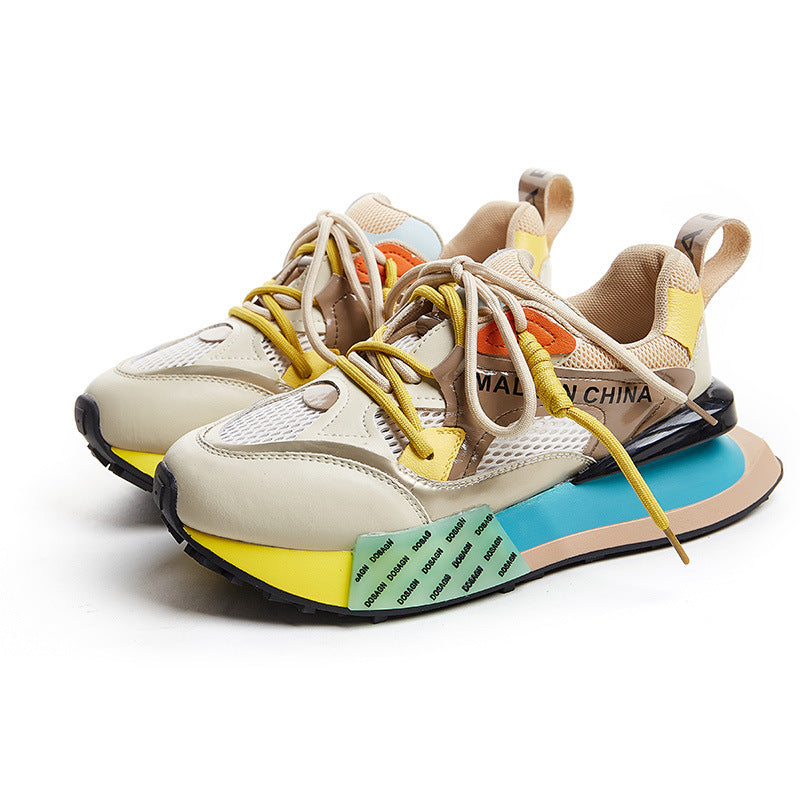 Sneakers Women Leather Lace Up Rainbow Colors Platform Shoes Pearls Ch