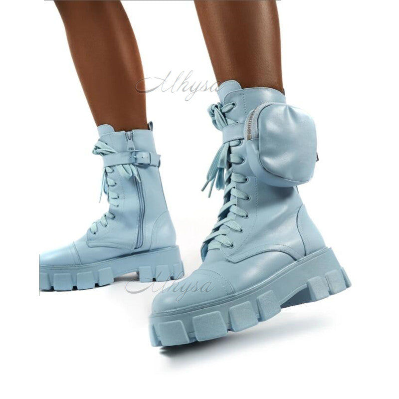 Boots Women Pocket Boot Lace Up Ladies Ankle Female Buckle Strap Black