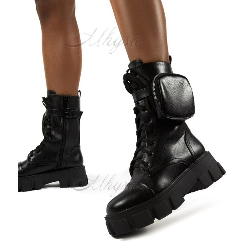 Boots Women Pocket Boot Lace Up Ladies Ankle Female Buckle Strap Black