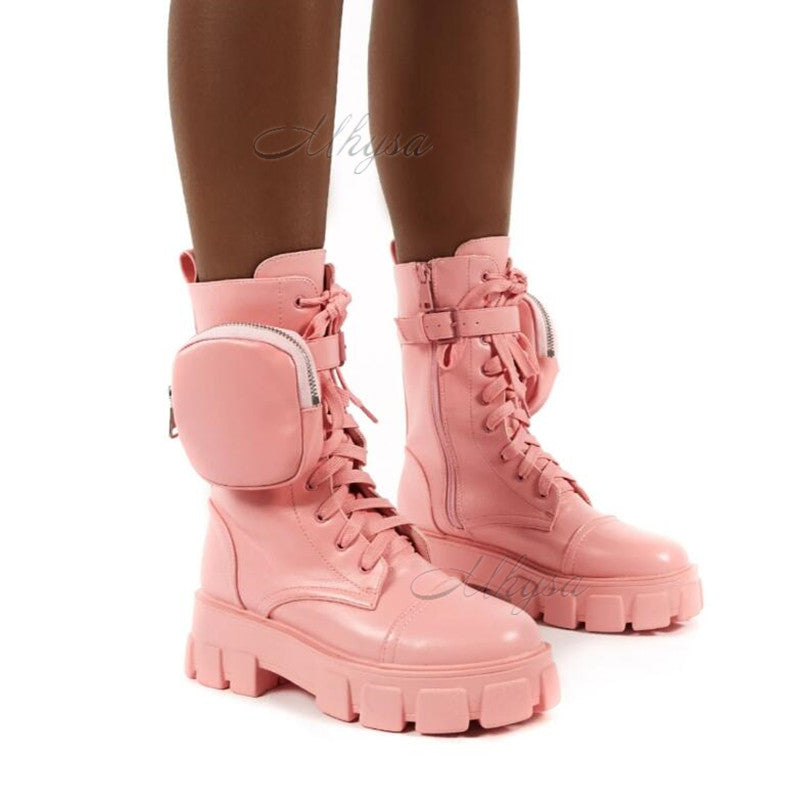 Boots Women Pocket Boot Lace Up Ladies Ankle Female Buckle Strap Black