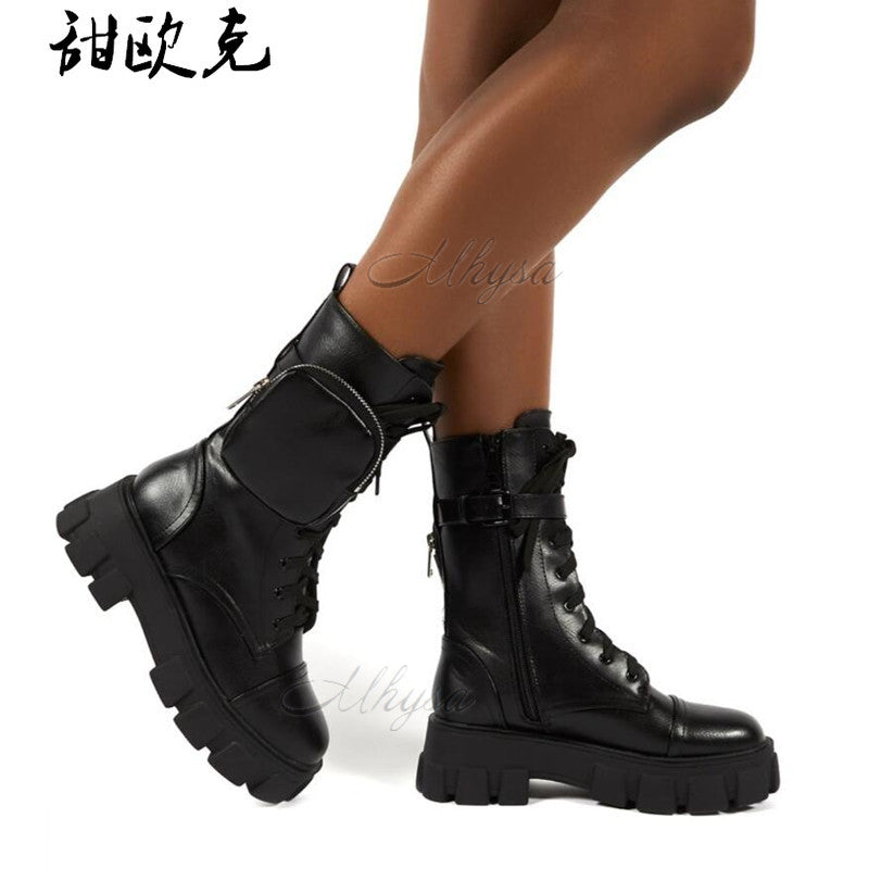 Boots Women Pocket Boot Lace Up Ladies Ankle Female Buckle Strap Black
