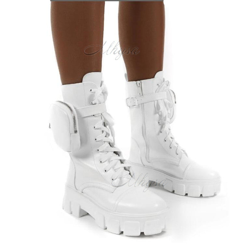 Boots Women Pocket Boot Lace Up Ladies Ankle Female Buckle Strap Black