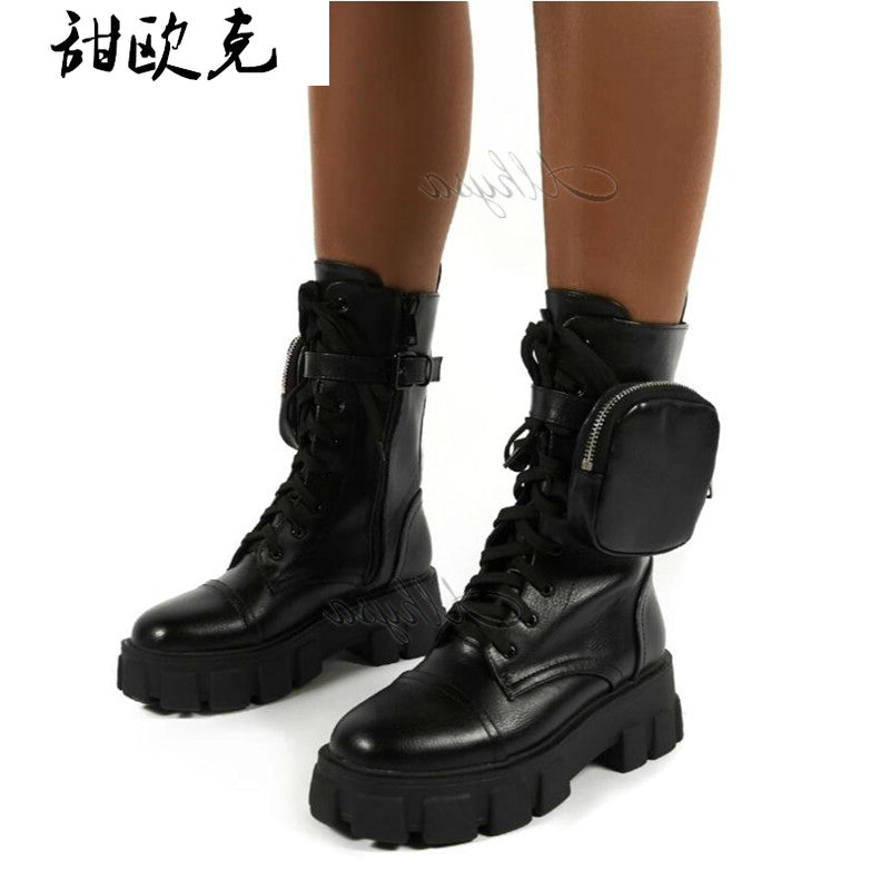 Boots Women Pocket Boot Lace Up Ladies Ankle Female Buckle Strap Black