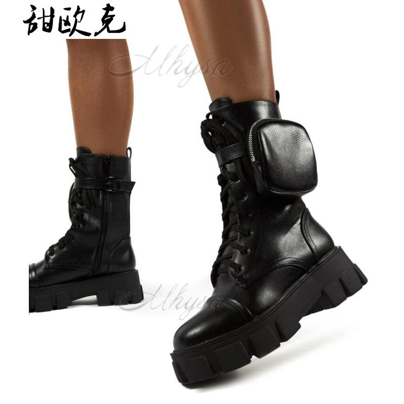 Boots Women Pocket Boot Lace Up Ladies Ankle Female Buckle Strap Black