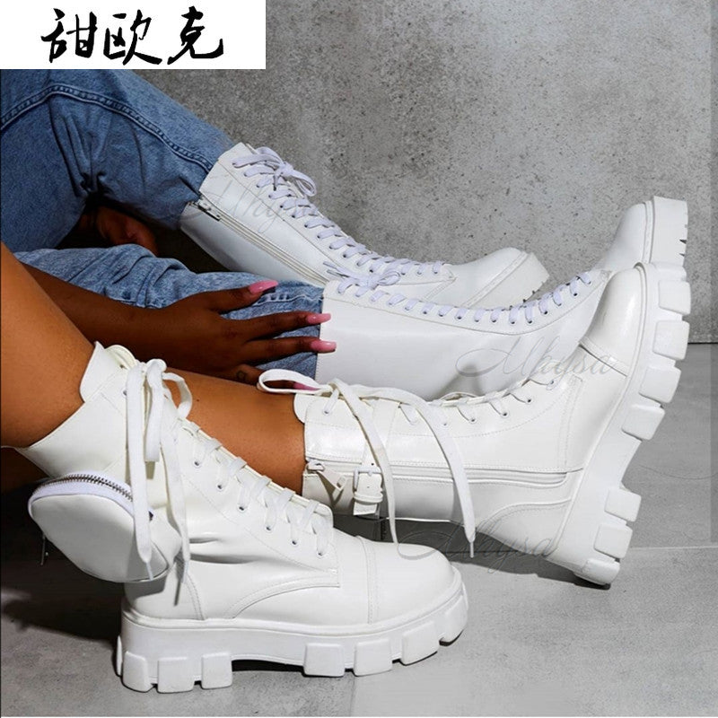 Boots Women Pocket Boot Lace Up Ladies Ankle Female Buckle Strap Black