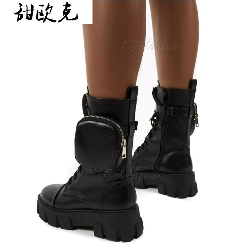 Boots Women Pocket Boot Lace Up Ladies Ankle Female Buckle Strap Black
