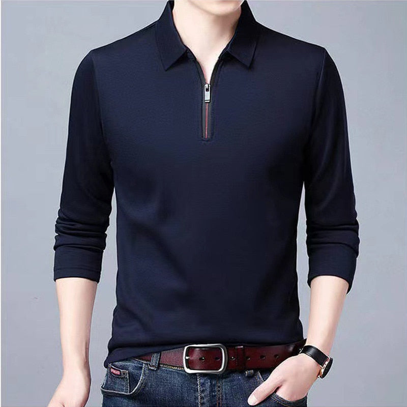 Polo Men's Solid Shirt Lapel Long-sleeved Polos Shirt Design Style Wea