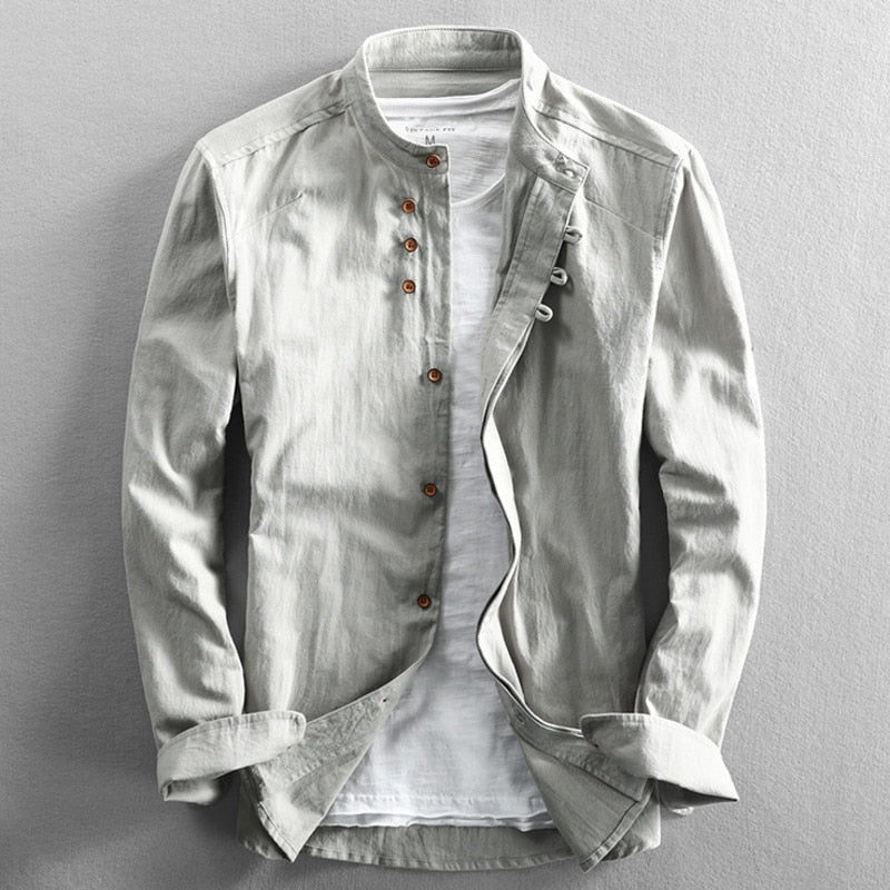 Shirt Japan Style Mens Linen Cotton Harajuku Stand Collar Long Sleeve