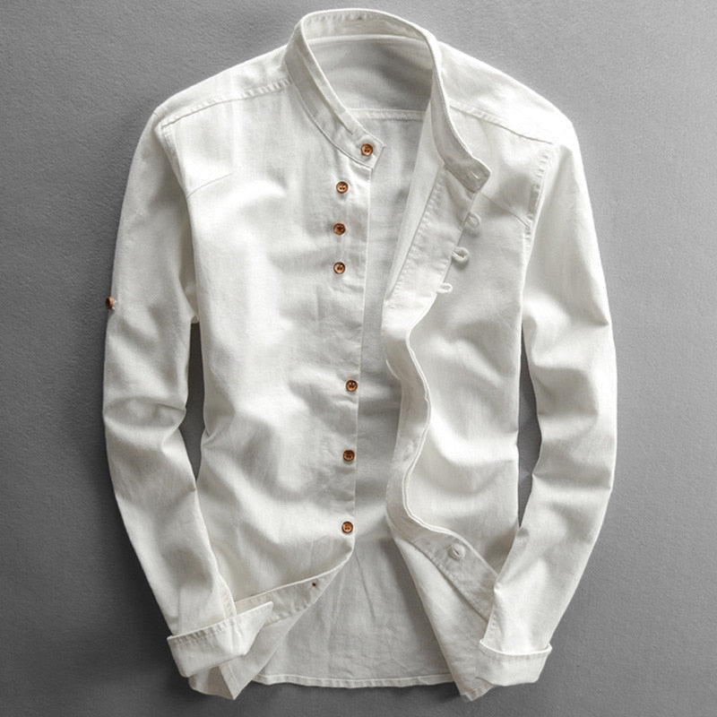 Shirt Japan Style Mens Linen Cotton Harajuku Stand Collar Long Sleeve