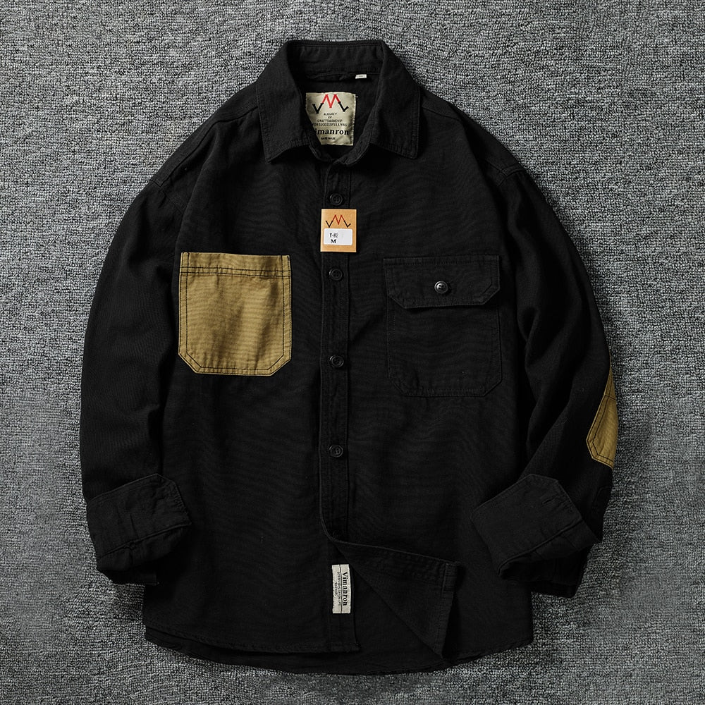 Shirt Sleeve Patch Washed grain Woven Cotton Long Sleeve Comfort Style