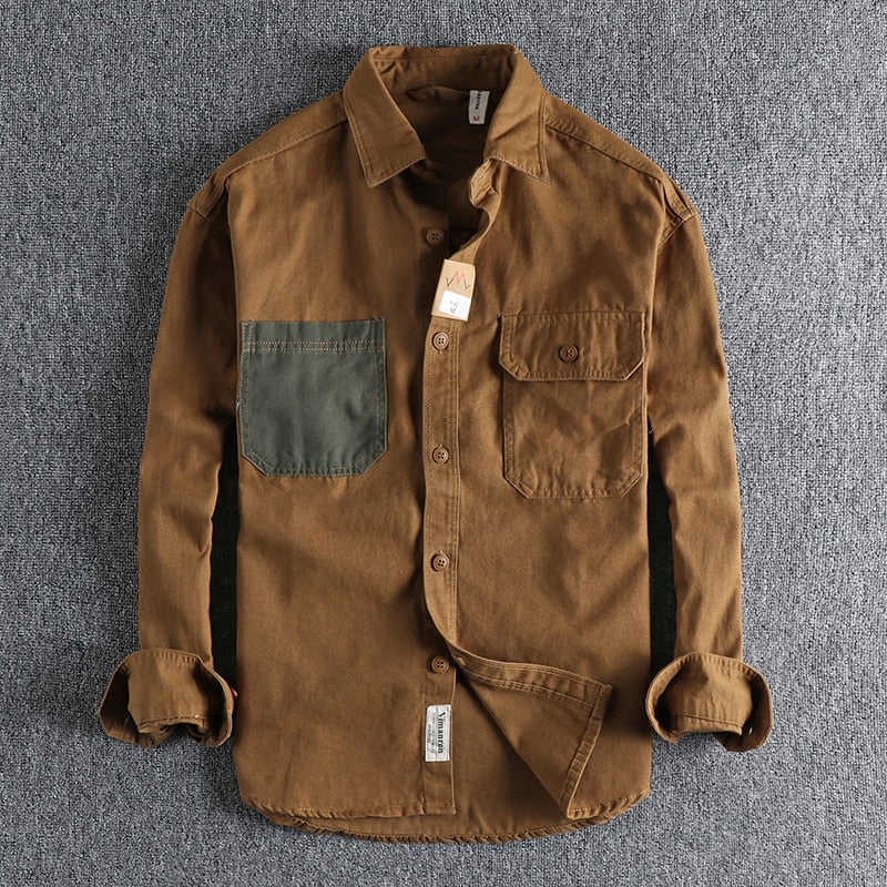 Shirt Sleeve Patch Washed grain Woven Cotton Long Sleeve Comfort Style