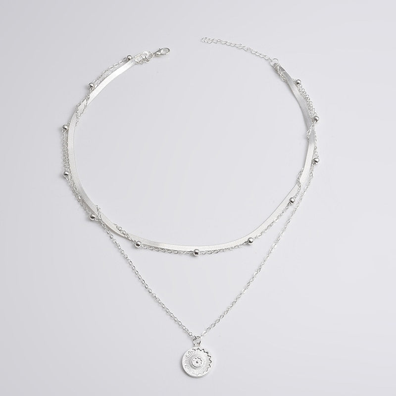 Necklace Sterling Silver Three-Layer Round Simple Snake Chain Char