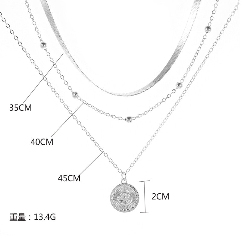 Necklace Sterling Silver Three-Layer Round Simple Snake Chain Char