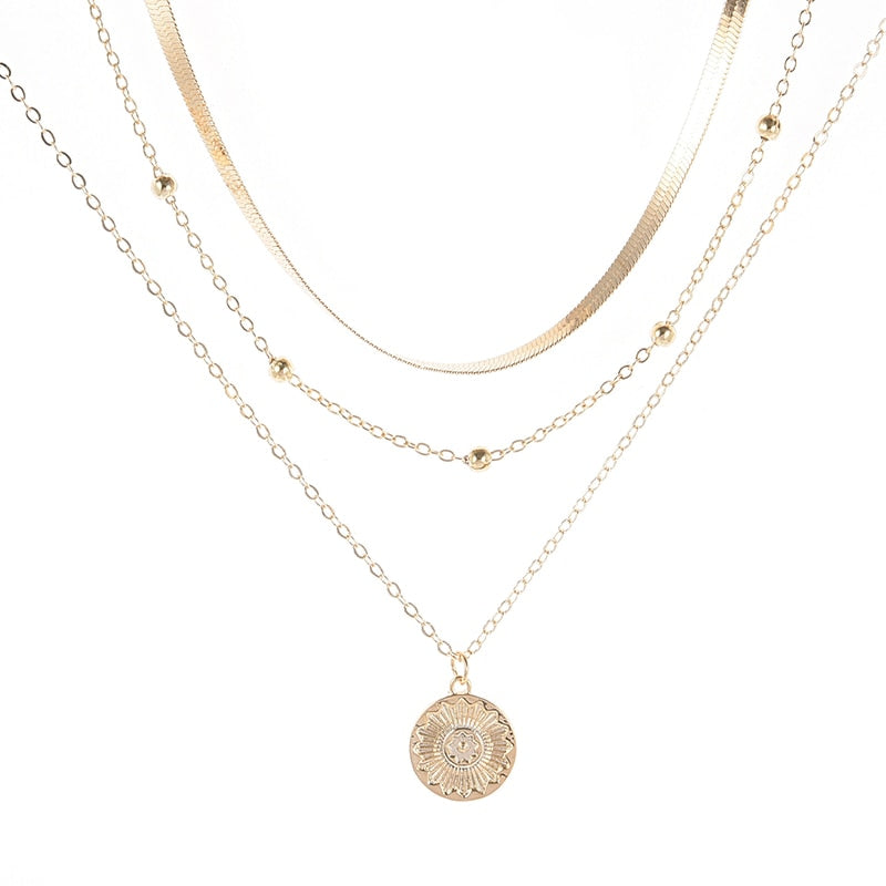 Necklace Sterling Silver Three-Layer Round Simple Snake Chain Char