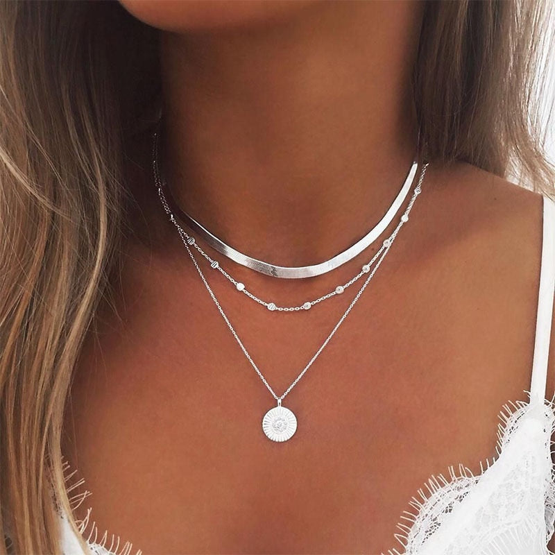 Necklace Sterling Silver Three-Layer Round Simple Snake Chain Char