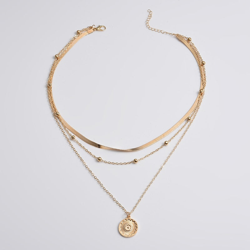 Necklace Sterling Silver Three-Layer Round Simple Snake Chain Char