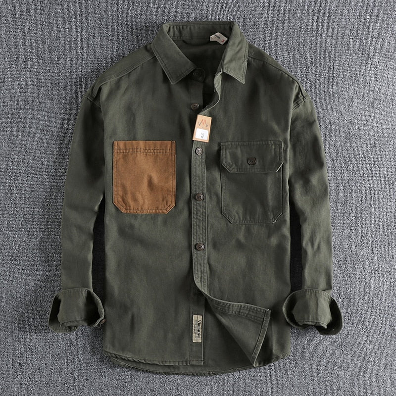 Shirt Sleeve Patch Washed grain Woven Cotton Long Sleeve Comfort Style