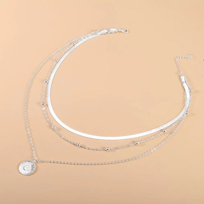 Necklace Sterling Silver Three-Layer Round Simple Snake Chain Char