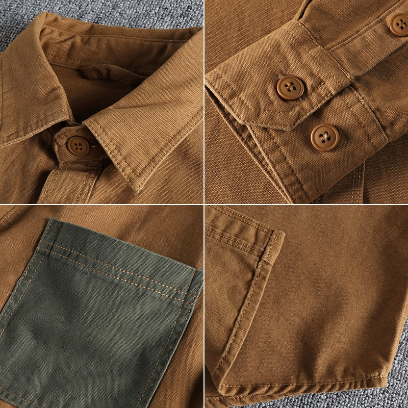 Shirt Sleeve Patch Washed grain Woven Cotton Long Sleeve Comfort Style