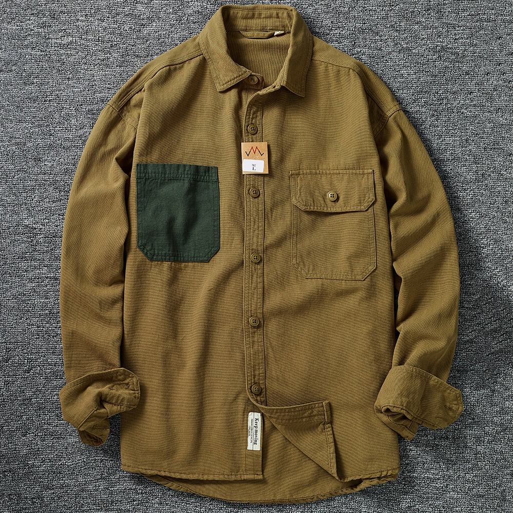 Shirt Sleeve Patch Washed grain Woven Cotton Long Sleeve Comfort Style