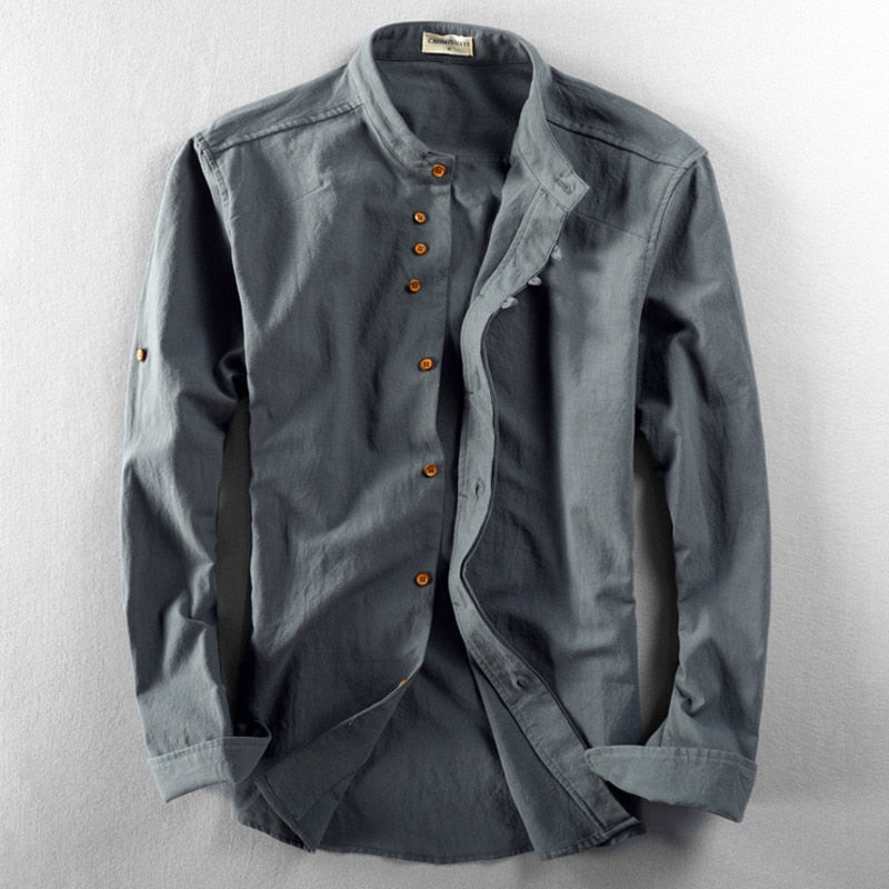 Shirt Japan Style Mens Linen Cotton Harajuku Stand Collar Long Sleeve