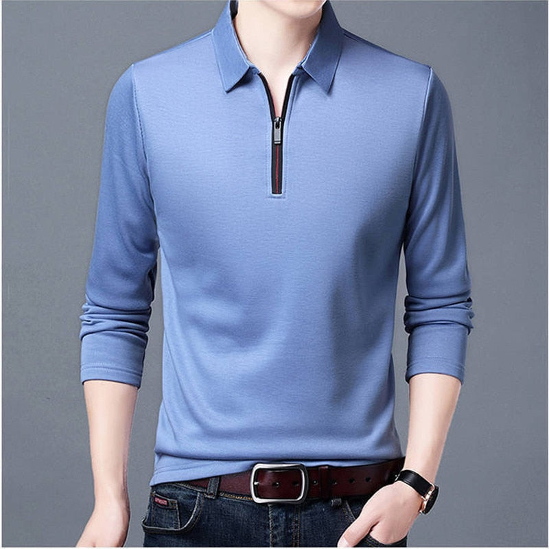 Polo Men's Solid Shirt Lapel Long-sleeved Polos Shirt Design Style Wea