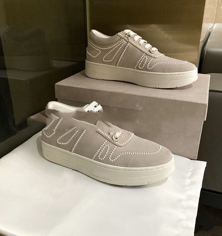 Shoes Pearl Sequin Lace-up Sports Casual Platform Casual White Style D