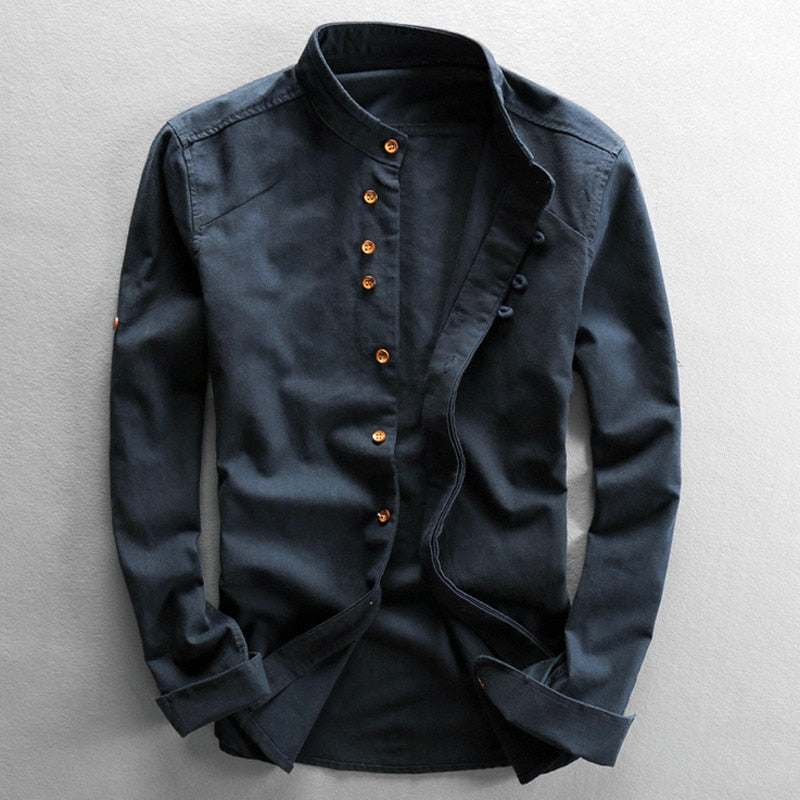 Shirt Japan Style Mens Linen Cotton Harajuku Stand Collar Long Sleeve