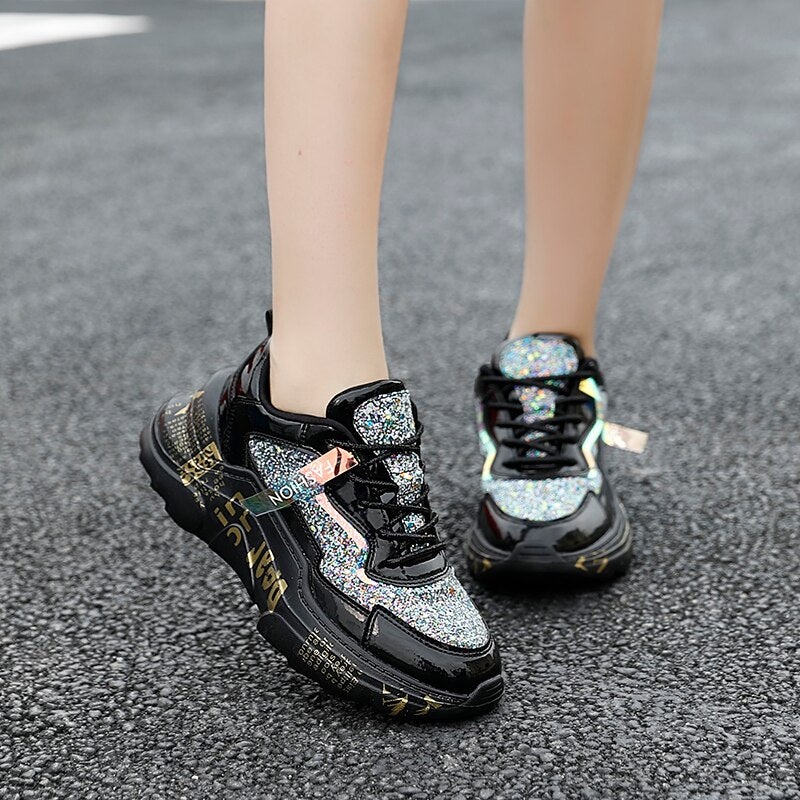 Sneakers Chunky Platform Spring Shoes Sequined Casual Bling Footwear  