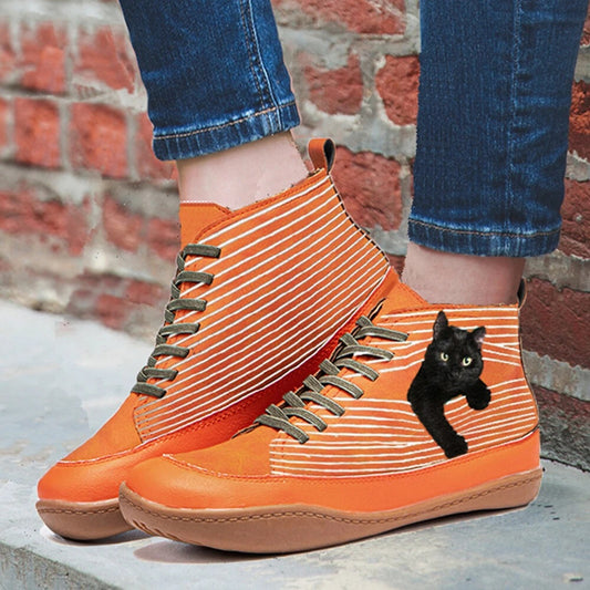 Boots Cat Print Round Toe Ankle  Lace Up Casual Flat Shoes Autumn And 