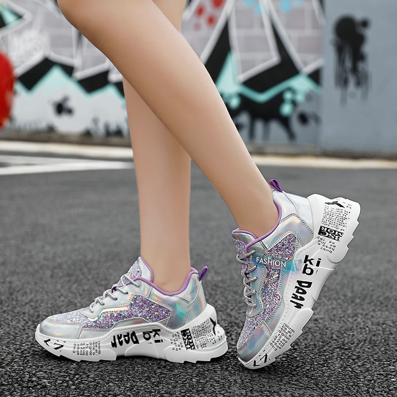 Sneakers Chunky Platform Spring Shoes Sequined Casual Bling Footwear  