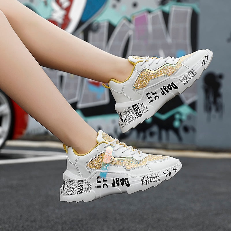 Sneakers Chunky Platform Spring Shoes Sequined Casual Bling Footwear  