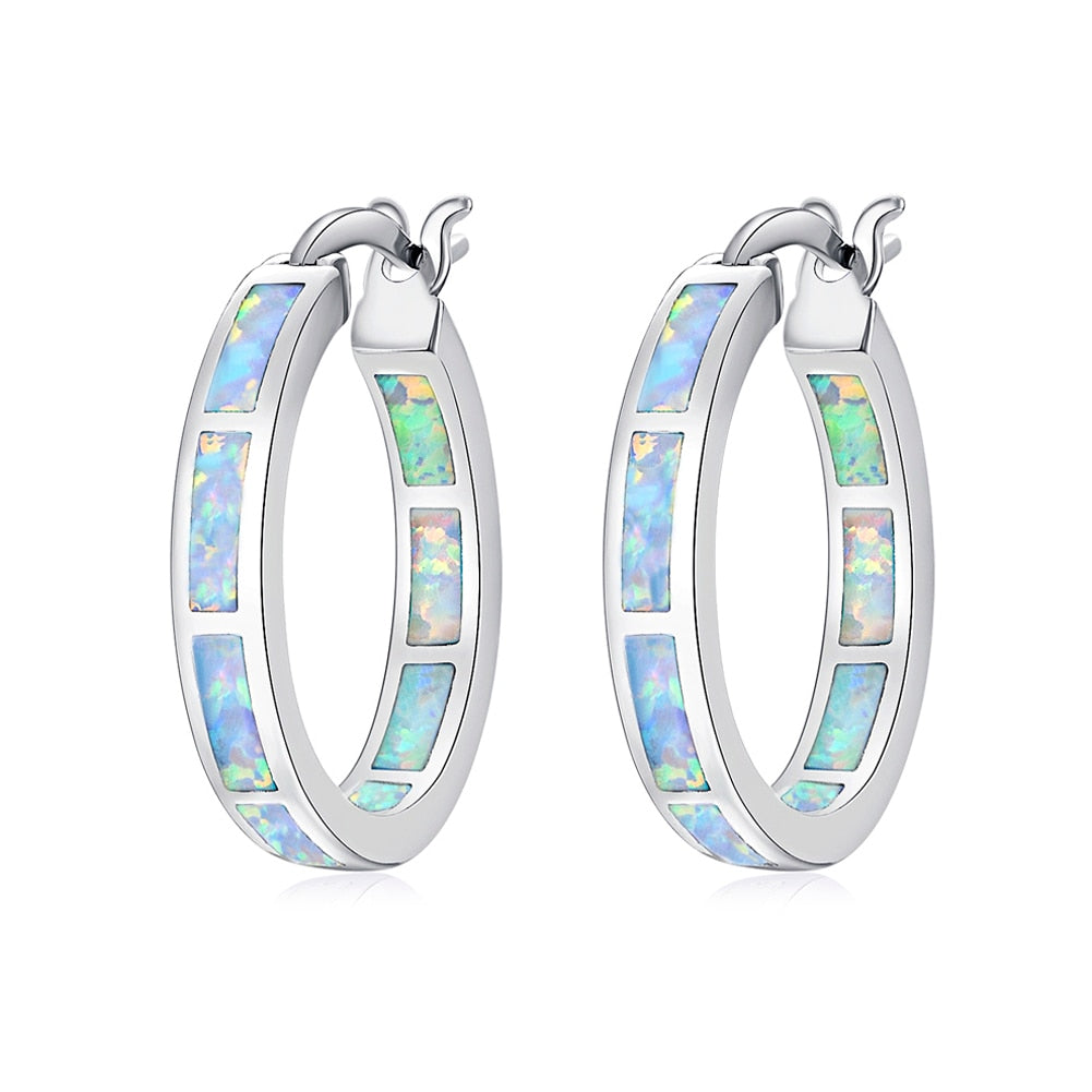 Earrings CiNily White Fire Opal Hoop  With Stone Silver Plated Small