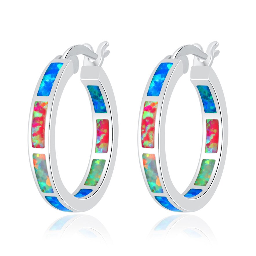 Earrings CiNily White Fire Opal Hoop  With Stone Silver Plated Small