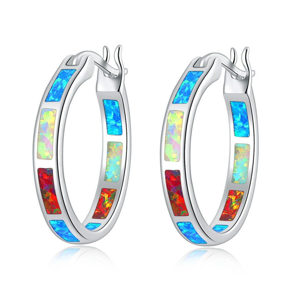 Earrings CiNily White Fire Opal Hoop  With Stone Silver Plated Small