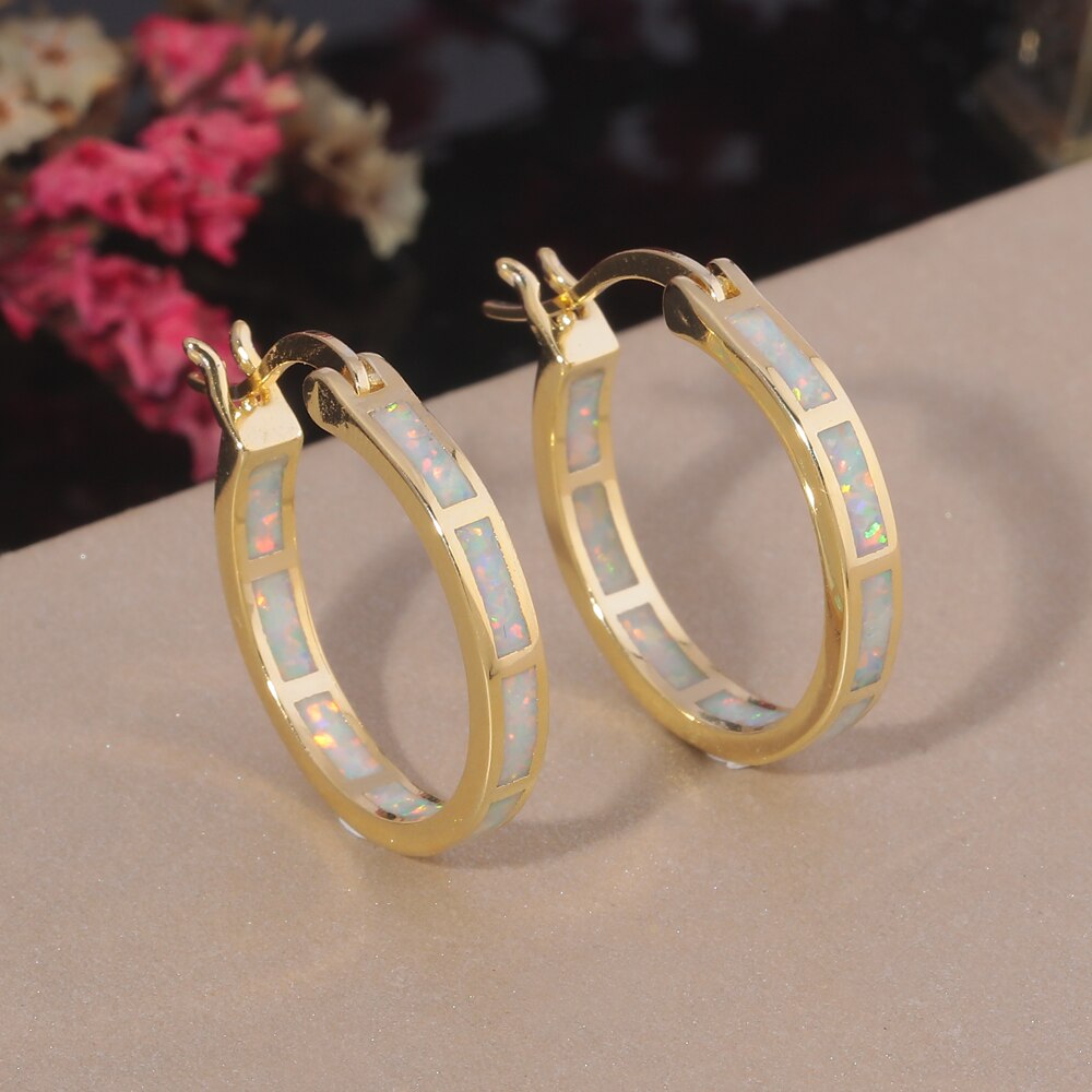 Earrings CiNily White Fire Opal Hoop  With Stone Silver Plated Small