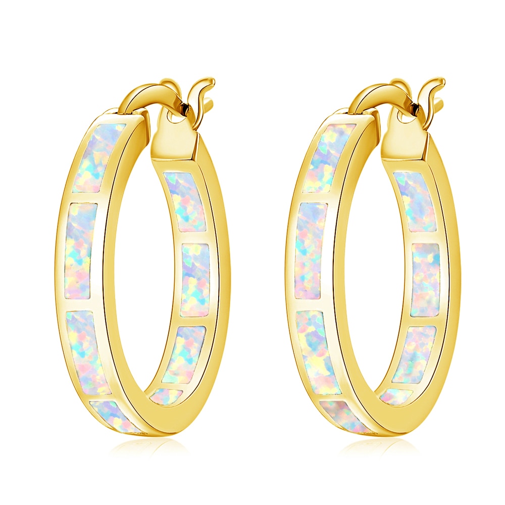 Earrings CiNily White Fire Opal Hoop  With Stone Silver Plated Small