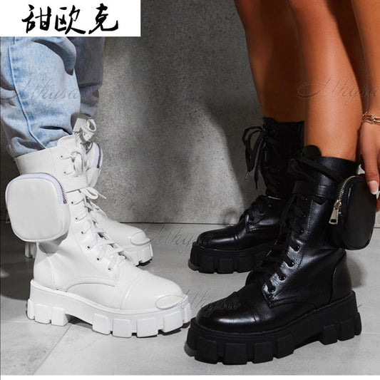 Boots Women Pocket Boot Lace Up Ladies Ankle Female Buckle Strap Black