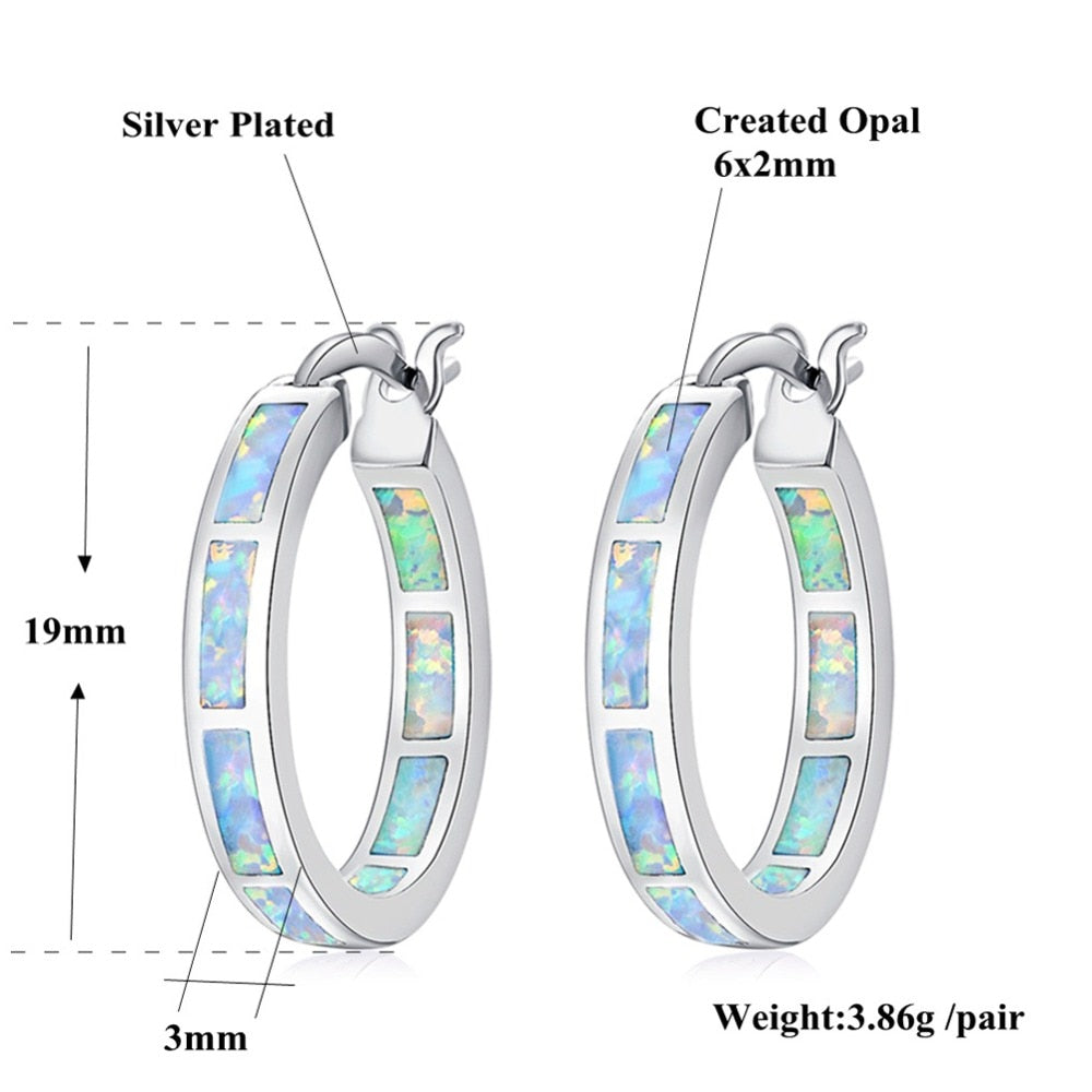 Earrings CiNily White Fire Opal Hoop  With Stone Silver Plated Small