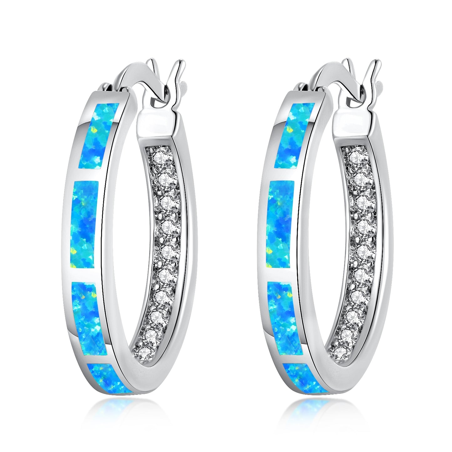 Earrings CiNily White Fire Opal Hoop  With Stone Silver Plated Small