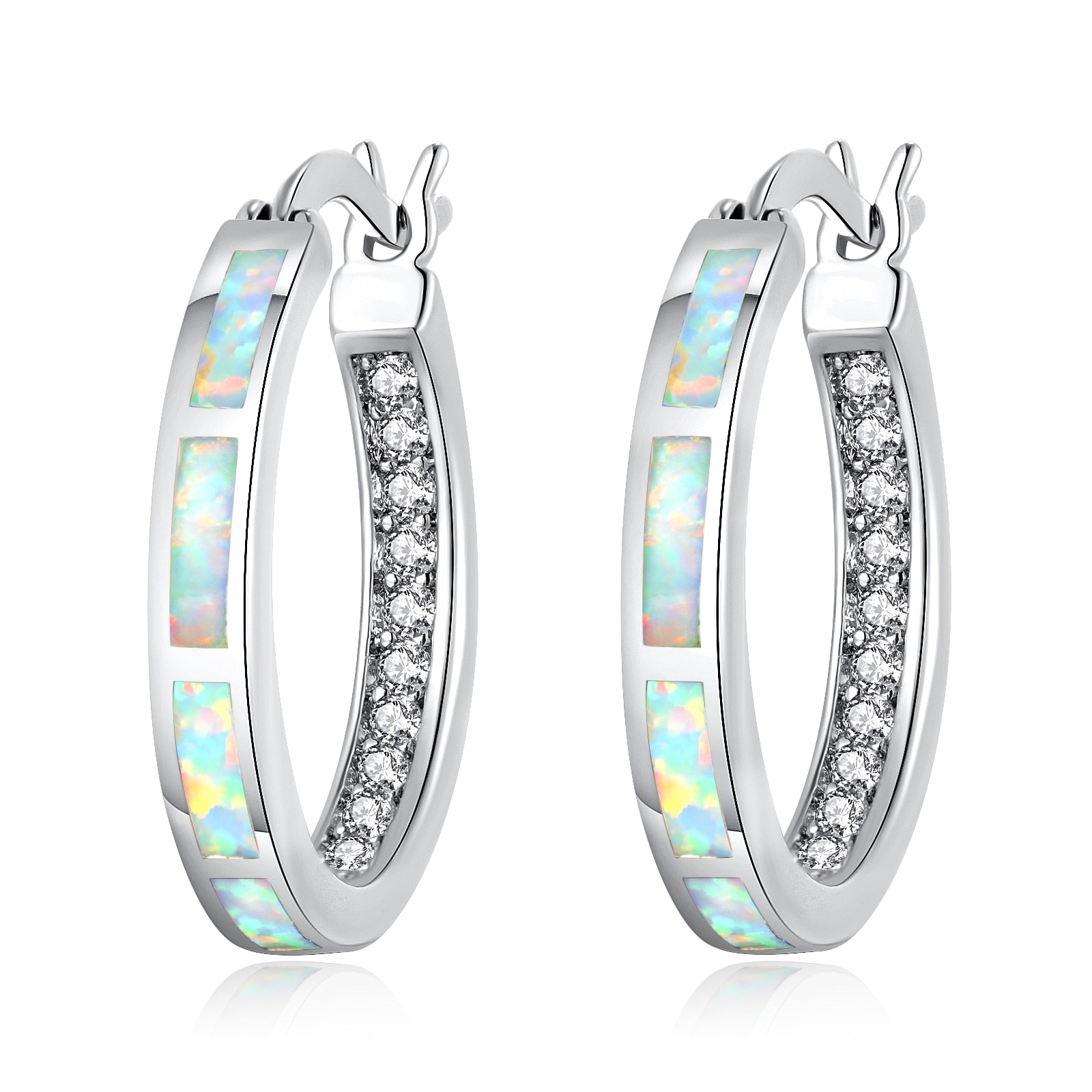 Earrings CiNily White Fire Opal Hoop  With Stone Silver Plated Small