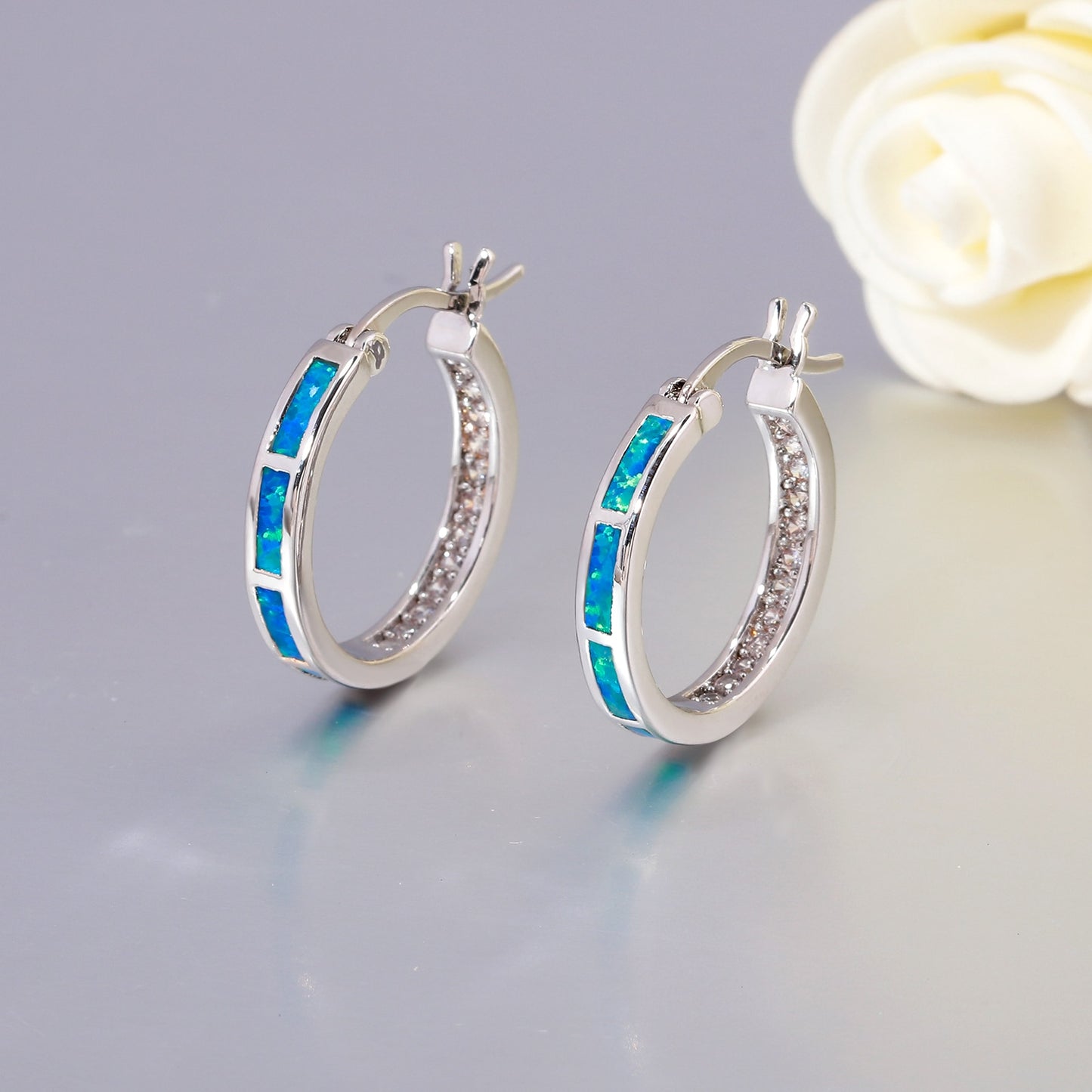 Earrings CiNily White Fire Opal Hoop  With Stone Silver Plated Small