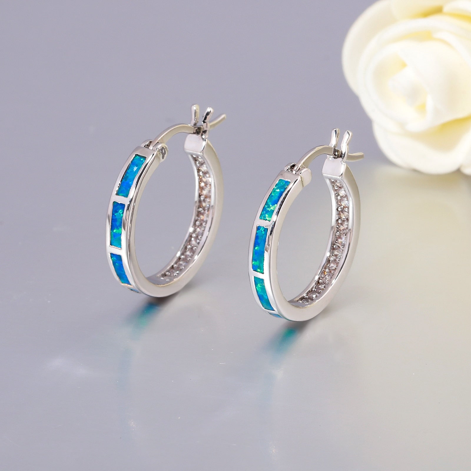 Earrings CiNily White Fire Opal Hoop  With Stone Silver Plated Small